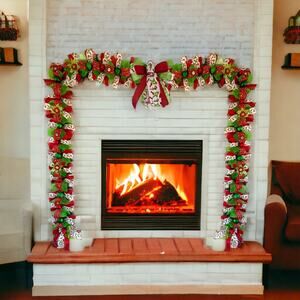 Grinch Christmas Garland Handmade, Red Green Holiday Mesh Ribbon Garland + Bows